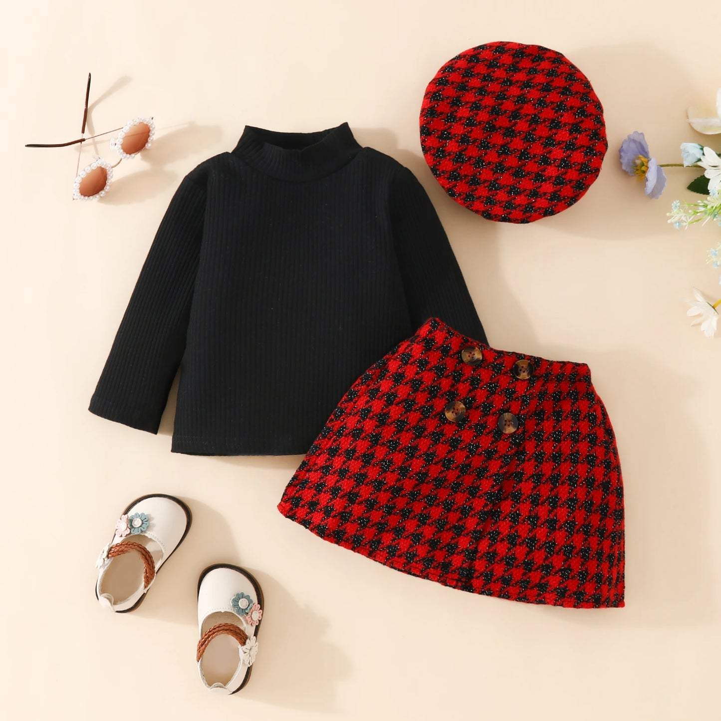 GhayatStyle Bebek & Kız Ekose Örgü Holiday Seti (Üst+Etek+Şapka) 6–36 Ay