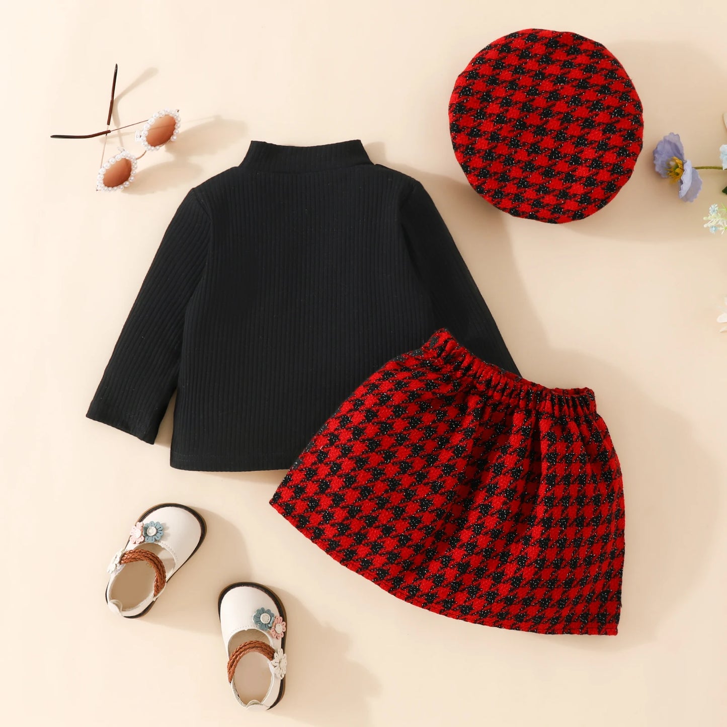 GhayatStyle Bebek & Kız Ekose Örgü Holiday Seti (Üst+Etek+Şapka) 6–36 Ay