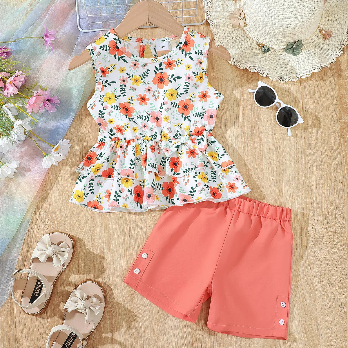 GhayatStyle™ Kız Çocuk 2’li Çiçek Desenli Yazlık Takım (Kolsuz Üst + Şort) - 4-7 Yaş