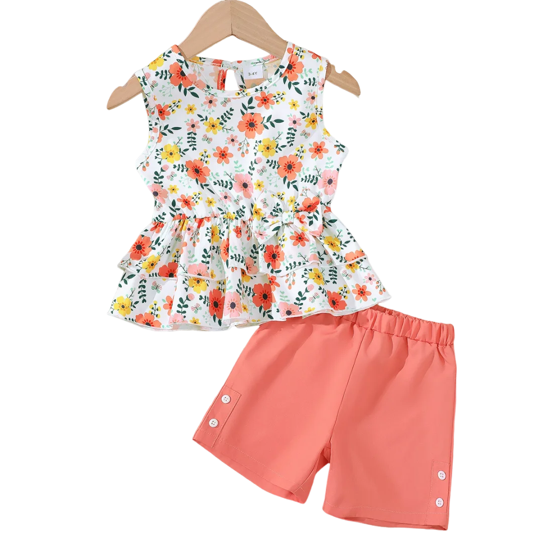 GhayatStyle™ Kız Çocuk 2’li Çiçek Desenli Yazlık Takım (Kolsuz Üst + Şort) - 4-7 Yaş