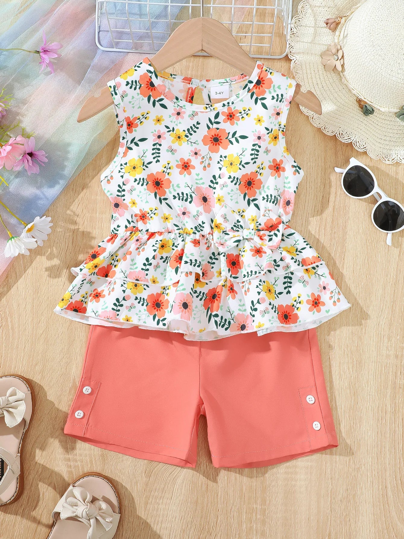 GhayatStyle™ Kız Çocuk 2’li Çiçek Desenli Yazlık Takım (Kolsuz Üst + Şort) - 4-7 Yaş
