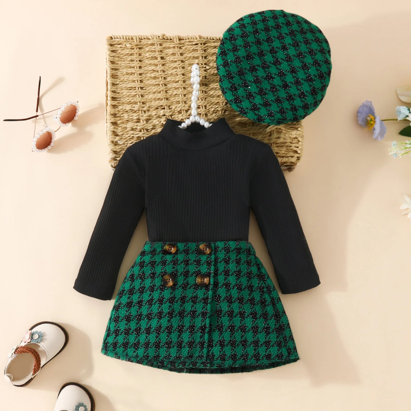 GhayatStyle Bebek & Kız Ekose Örgü Holiday Seti (Üst+Etek+Şapka) 6–36 Ay