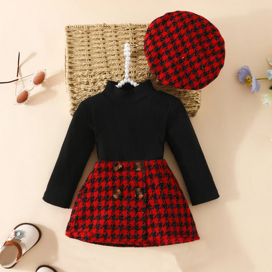 GhayatStyle Bebek & Kız Ekose Örgü Holiday Seti (Üst+Etek+Şapka) 6–36 Ay